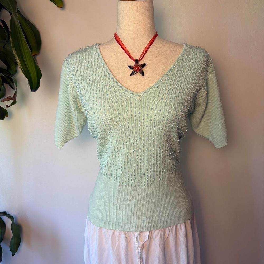 Vintage Christine Phillipe Beaded Knit Blouse Blue Teal V Neck 90s Retro L
